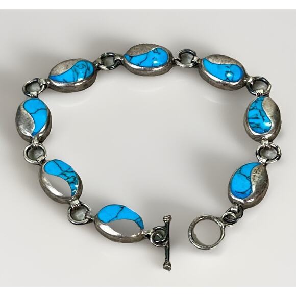 VTG Taxco Sterling Silver Turquoise Inlay Linked Oval Bracelet 7.75” Toggle - Picture 9 of 15